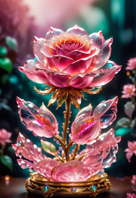 pink crystal rose flower, strong focus on subject, strong bokeh, empty background, <lora:SDXL\detailed_notrigger:0.5>, <lora:SDXL\add-detail-xl:0.5>, <lora:SDXL\SDXLFaeTastic2400:0.5>, <lora:SDXL\WowifierXL-V2:0.5>