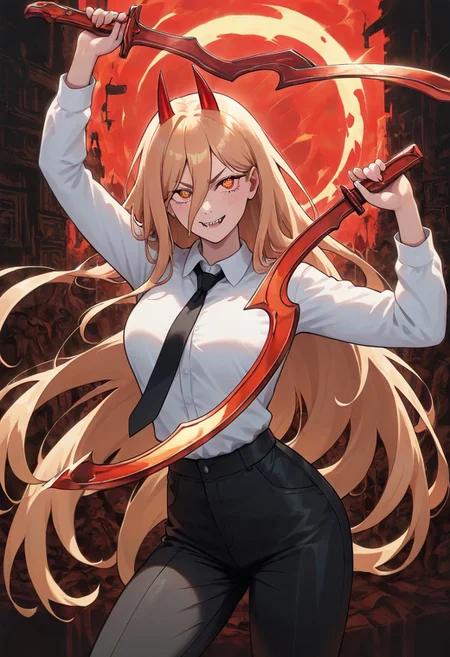 masterpiece, best quality, newest, absurdres, highres, anime, anime style, holding sword, holding weapon, holding, KHV1.0, khopesh, sword, weapon, 1girl, power \(chainsaw_man\), demon horns, long hair, blonde hair, very long hair, red horns, black necktie, horns, cross-shaped pupils, shirt,
