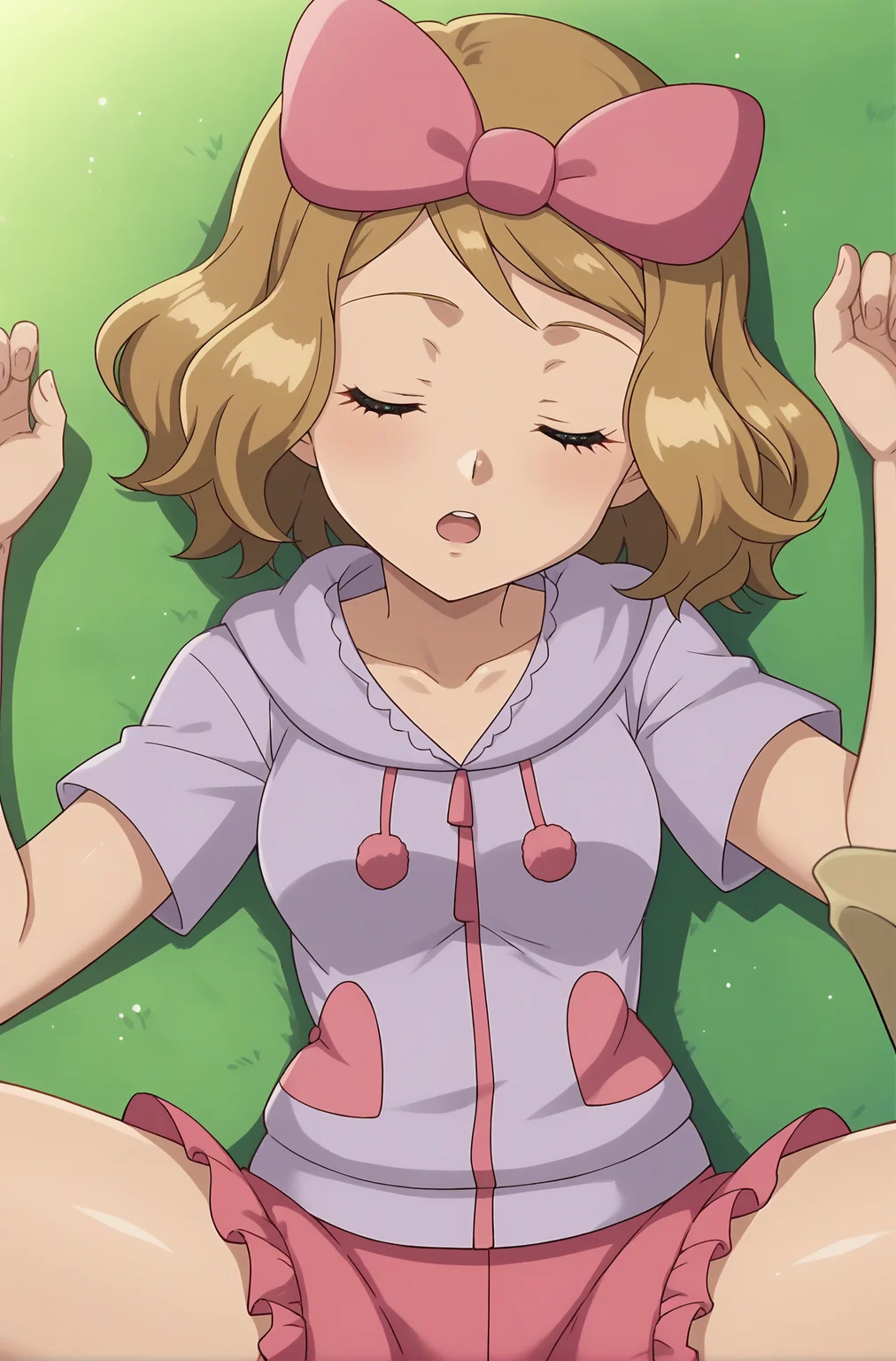score_9, score_8_up, score_7_up, source anime, anime, animification, anime screencap, anime coloring, vivid colors, shiny skin, skindentation, deep skin, depth of field, high quality, highres, (dynamic angle,dynamic pose),
serenapajamas, 1girl, solo, short hair, open mouth, closed eyes, sleeping,brown hair, bow, collarbone, hair bow, sitting, shorts, solo focus, short sleeves,hood, on back, pink shorts, eyelashes, hoodie, pov, pink bow, frilled shorts, serena \(pokemon\)
BREAK
masterpiece,high quality
<lora:Serena_Pajamas_XL:0.9>