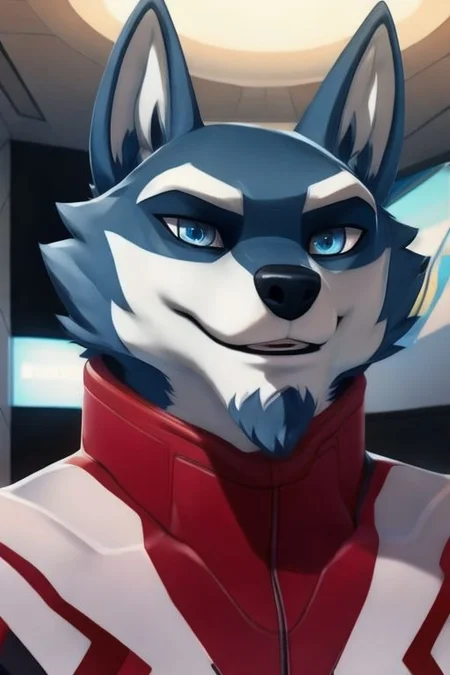 ASCIISelfie, Close up, male, cartoon wolf, ((wolf tail)) wearing racing suit, white boots, solo, smirk, arms crossed, detailed lobby background, detailed blue wolf eyes, by Darkgem, 4k