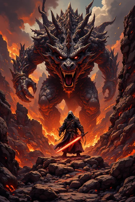 This image depicts a dramatic and fantastical scene featuring a menacing, colossal dragon facing off against a cloaked figure wielding a glowing red sword. The dragon is depicted with dark scales, fierce eyes, and sharp teeth, exuding an aura of immense power and aggression.
The setting appears to be a volcanic or hellish landscape, characterized by rocky terrain and a fiery atmosphere, suggesting intense heat and danger. The sky is filled with ominous clouds tinged with red hues from the surrounding flames and lava flows.
The overall tone of the image is one of epic confrontation and high fantasy, evoking themes of heroism, battle, and mythical creatures. The artwork showcases detailed textures and dynamic lighting that enhance the dramatic tension between the dragon and its opponent.,aidmafluxpro1.1