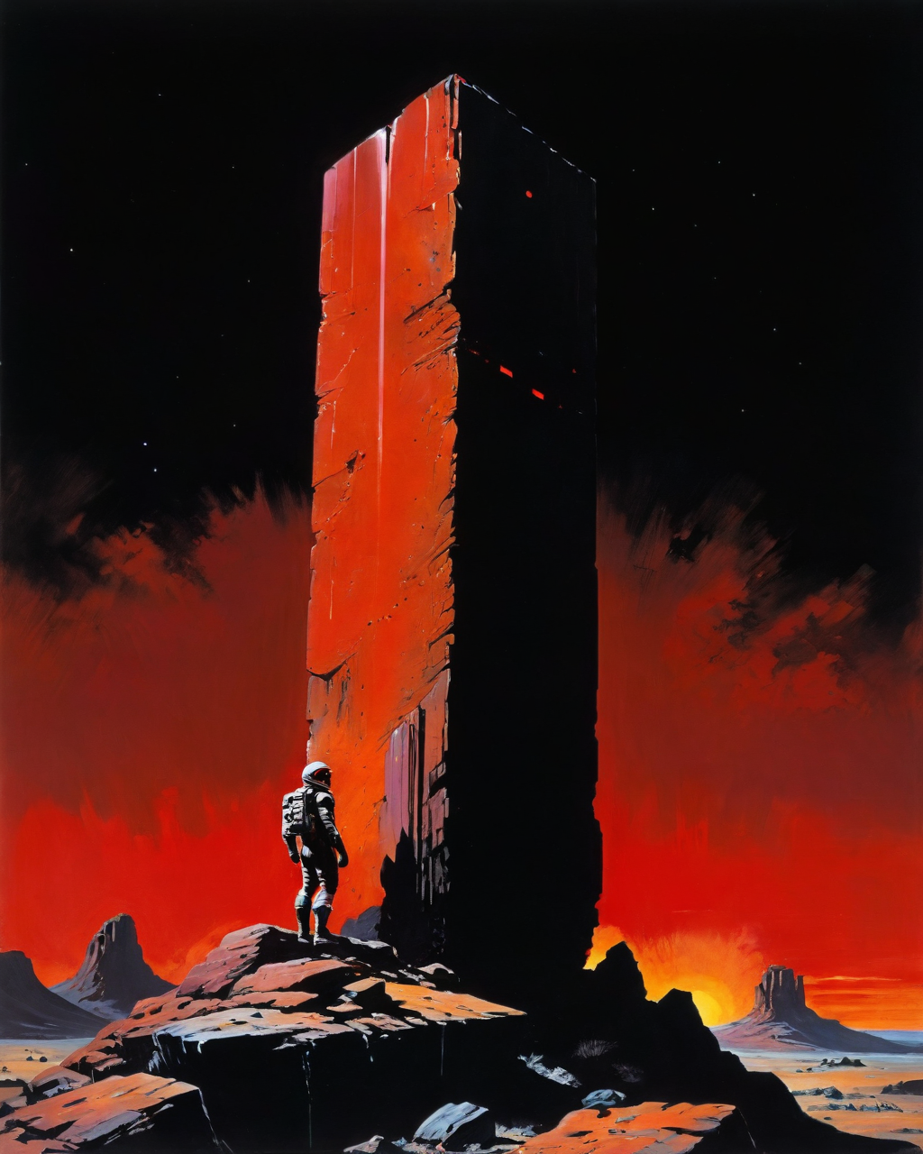 Monolith, 2001 space odyssey, Frank Frazetta style,  ruby, black background, <lora:add-detail-xl:1.0>  <lora:xl_more_art-full_v1:0.5>