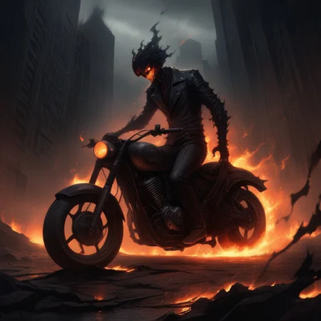 Dark Fantasy Art, Dark Moody Atmosphere, dramatic, mysterious, dark moody atmosphere, dark, moody, dark fantasy style, realistic anime,
BREAK,
Ghost Rider rockets up the skyscraper, his flaming motorcycle scorching a fiery path over glass and steel,
BREAK,
His skull, engulfed in hellfire, casts a sinister, flickering glow, with empty eye sockets seething with vengeful fire,
BREAK,
Flames curl around his skeletal form, his leather jacket and pants seared and frayed, smoldering as he rides,
BREAK, 
sitting on his bike, cracked roadway, cracked road, skull, from side, low angle shot, close up shot, detailed afce, detailed skull,