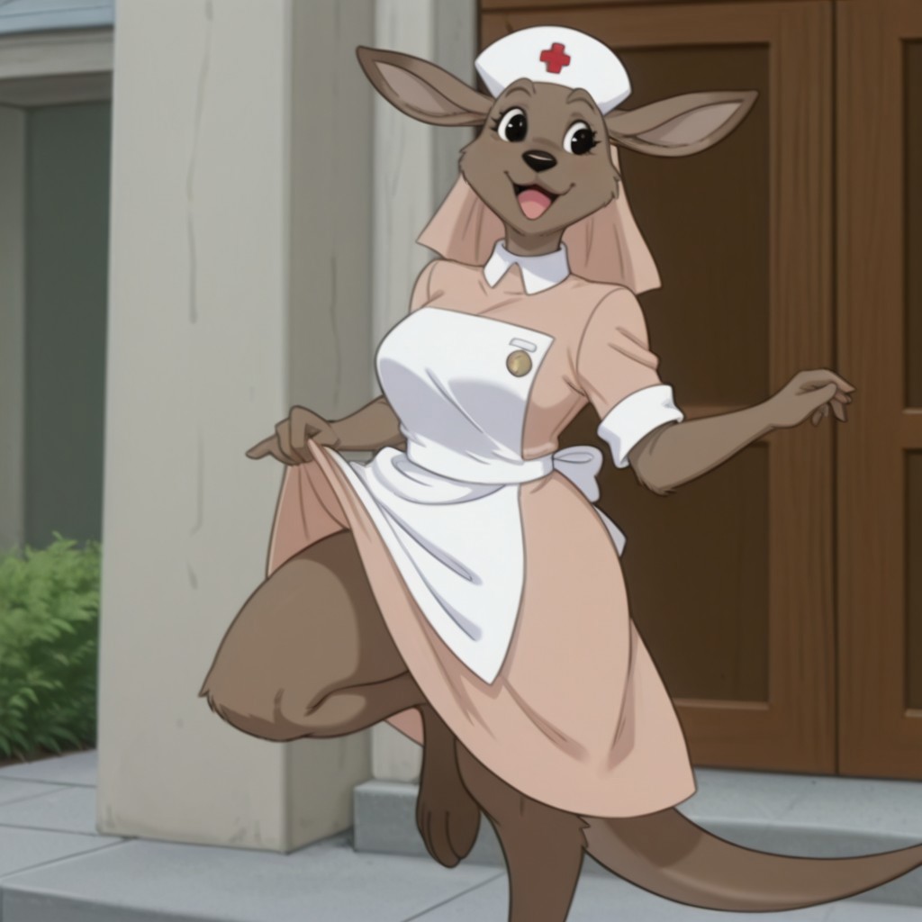 masterpiece, best quality, amazing quality, roonurseil, semi-anthro, female, kangaroo, brown fur, black eyes, pink dress, white trim, white apron, medal, white nurse cap, pink veil, red cross, happy, standing, skirt lift, leg out, outside, solo
