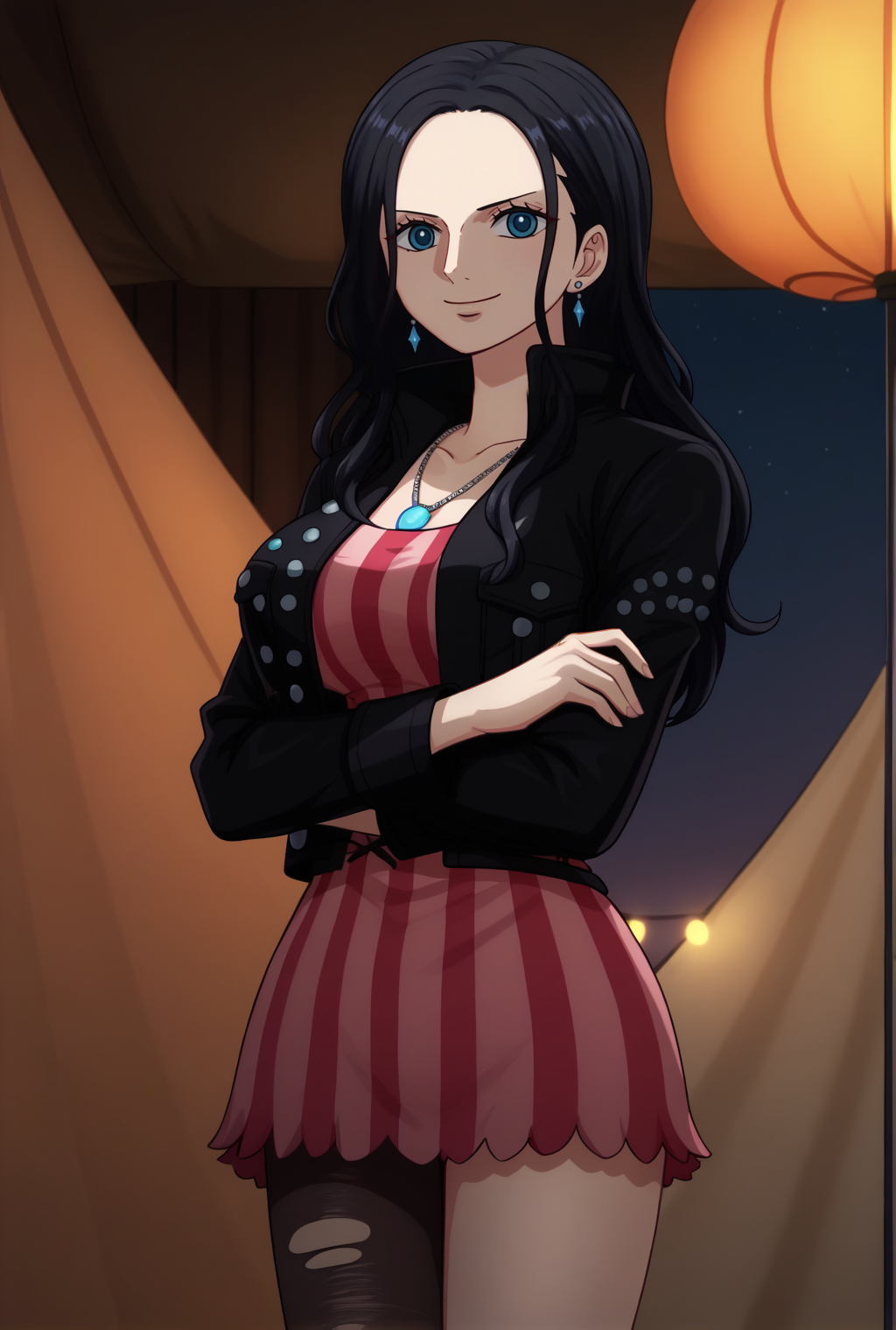 score_9, score_8_up, source_anime,  BREAK solo, 1girl, looking at viewer, cowboy shot, 
<lora:NicoRobinAIOPostPart2PdxlDwnsty-000009:1>, redtwonr, blue eyes, black hair, long hair, pendant, earrings, black jacket, cropped jacket, multicolored clothes, striped dress, frilled skirt, single thighhigh, torn legwear, asymmetrical clothes, 
large breasts, smile, crossed arms, 
indoors, tent, festival, stage,