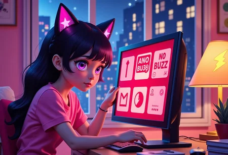 a very cute girl, cat ears, purple star big eyes, eyes filled with tears, casual clothes, sitting in her pink room, windows open to a big city lit up at night. The girl is showing you a computer screen with red graphics facing down and saying "No BUZZ" and a yellow lightning bolt icon on the side of the screen.