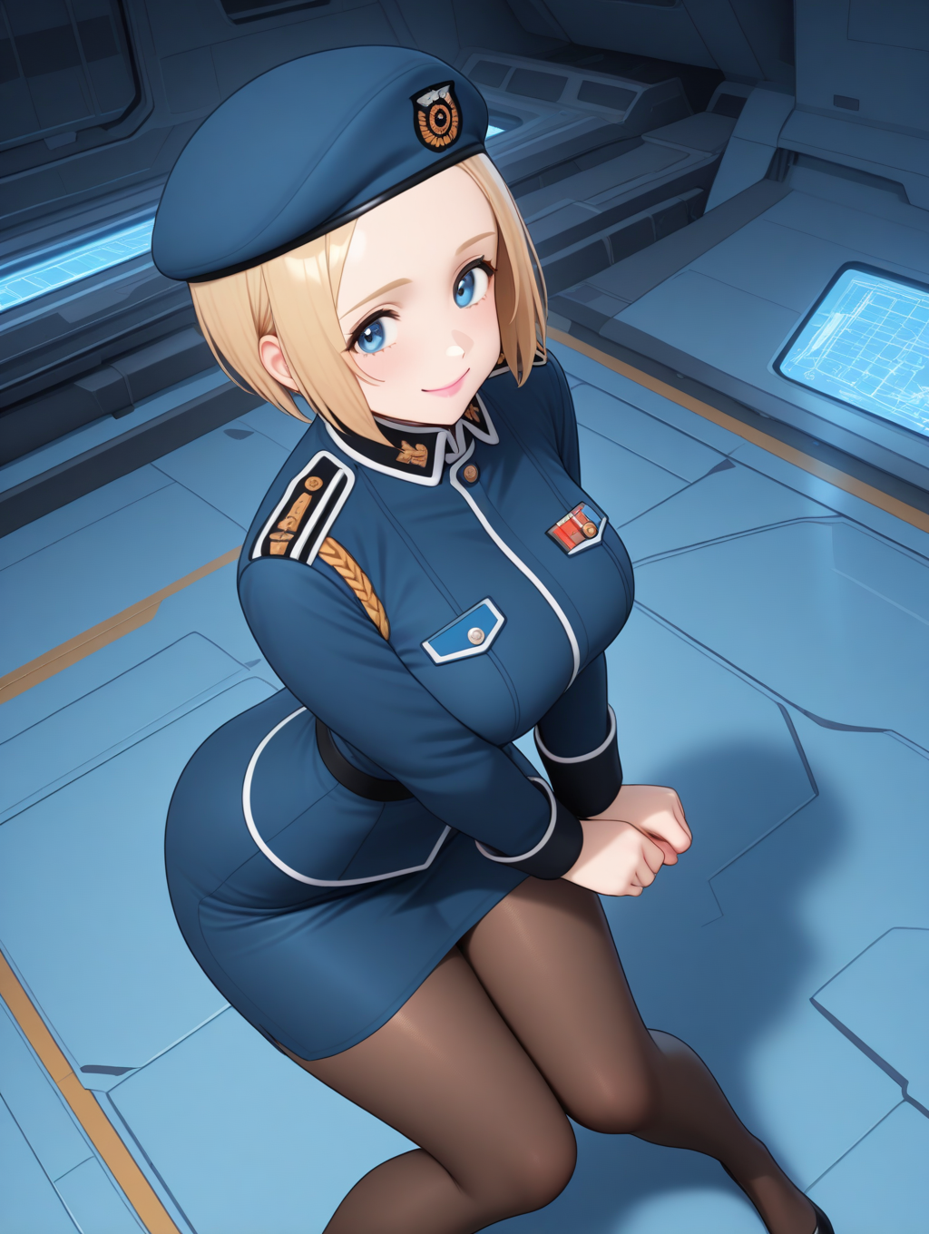 perfect quality,best quality,absolutely eye-catching,ambient occlusion,raytracing BREAK
1girl,<lora:marietta IL v2.1:0.8>,marietta,dark blonde hair,short hair,forehead,blue beret,blue military uniform,blue eyes,pencil skirt,pantyhose,long sleeves,tareme,white line,pink lips,smile,indoors,spacecraft,solo, from above,wide_shot,arched_back,cat_pose,v_arms,knees_together_feet_apart,