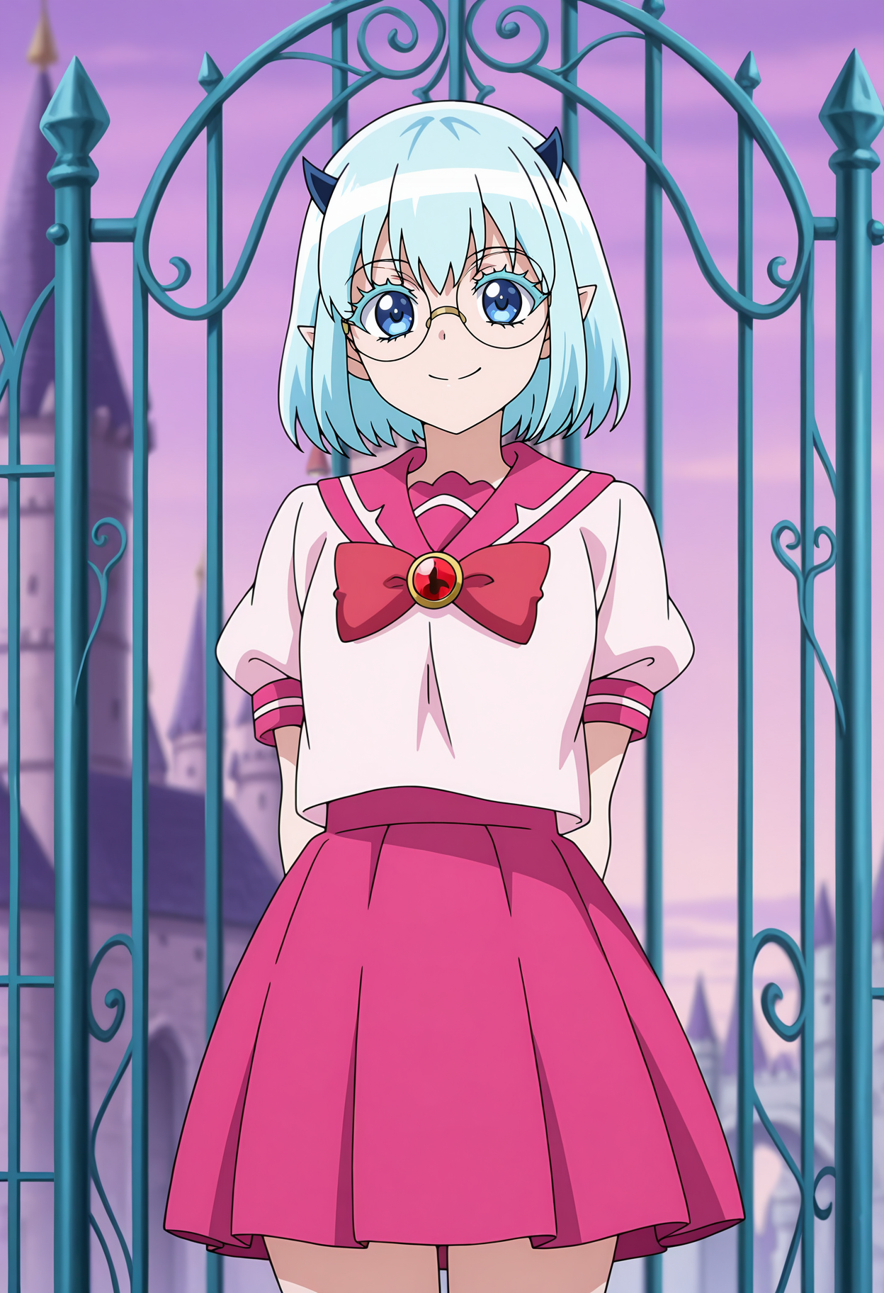anime screencap, masterpiece, best quality,
<lora:MairimashitaIruma-Kun_CrocellKerori_IlluXL:0.9>,
1girl, solo, smile, closed mouth,
short hair, blue hair, blue eyes, pointy ears, demon horns, colored eyelashes, round eyewear,
pink sailor collar, red bowtie, red brooch, white shirt, puffy short sleeves, pleated skirt, pink skirt,
arms behind back, standing, looking at viewer, cowboy shot,
outdoors, purple sky, gate, castle, blurry background