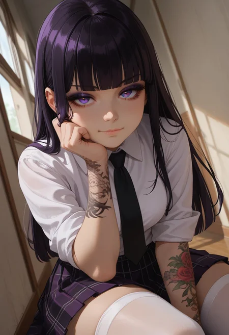 (score_9, score_8_up, score_7_up), 1girl, solo, black hair, purple eyes, long hair, straight bangs, 26 years old, medium breasts, (goth:1.1), ass, eyeshadow,
(white shirt, black tie, checkered pleated skirt, white stockings, thighighs:1.1), checkered skirt, hime cut, rolled up sleves,
tattoo, tattoo on body, tattoo on arm
Expressiveh,
fisheye, (dutch angle, face close-up, face focus :1.4),
(sitting, hallway, indoors:1.1), college,
smug, bored,