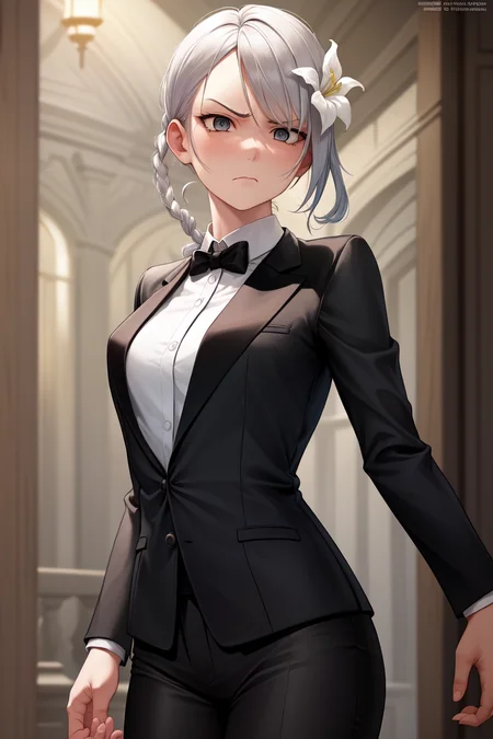 Kaine,  <lora:KaineV1-000006:0.8>, (2d:1.2), 1girl, flower, bandages, solo,  hair_ornament, bandaged_leg, braid, fancy tuxedo, suit, crossdressing,  upper_body, hair_flower, grey_eyes, annoyed_expression, grabbing clothing, uncomfortable expression,  digital art, HDR, cinematic lighting, hard lighting amazing shading, professional art, 2d character, painting_\(medium\) background, fantasy, medieval,  ballroom,