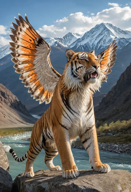 A majestic tiger, adorned with massive, heavenly wings, gracefully glides over an awe-inspiring landscape, featuring colossal mountains and serene rivers. The wings emit a gentle, ethereal glow, casting a soft white light, while the tiger's striking orange and black fur contrasts beautifully against the vast sky above.