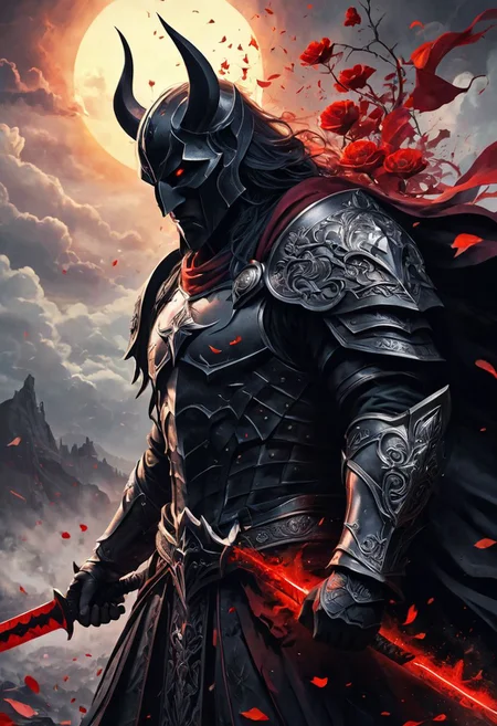 4k, high resolution, best quality, perfect colors, perfect shadows, perfect lighting, final showdown super illustration extremely detail, story of the brave, nightmare with dream can't wake up from, get everything, dark sky, false glory, supernatural existence, even if all hope is lost, seek more power, stepping on countless corpses and shouldering the burden of guilt, darkness of night fall, demon inside, all range, born in the abyss, vengeance, blood burning, moonlight signpost with run through, wipe away the pain and sadness, until we tear apart the darkness and bring light, stir up blood, to weave hope, determined eyes, stunning elaborate sword, following the scars, hero who carries the dreams of the world on his shoulders of intricate detail, flowers of memories are in full bloom, in light and shadow, beautiful detail shield, heat haze in light and shadow, ruthless water flower, shed tears of fate, bloody road, fleeting prayer that scatters, until the afterlife, feel the last time, heartbeat double exposure, an impending strong enemy, oil painting, , fantasy, digital art, highly detailed, overall detail, atmospheric lighting, Awash in a haze of light leaks reminiscent of film photography, awesome background, highly detailed styling, intricate details, highly detailed, cinematic,