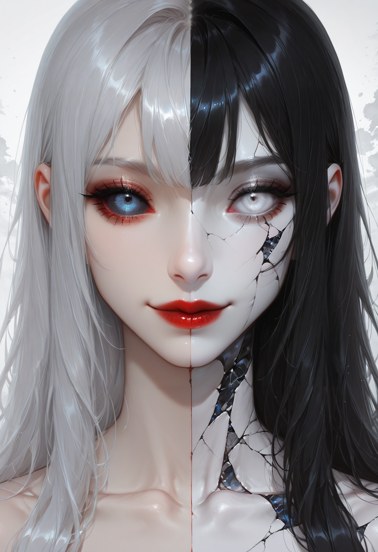 1girl, looking at viewer, portrait, black hair, solo, closed mouth, white eyes, cracked skin, crack, straight-on, split theme, close-up, lips, grey eyes, collarbone, long hair, pale skin, colored sclera, eye focus, red lips, eyelashes, smile, grey hair, blue eyes
 <lora:skzW0rld-IXL:1>