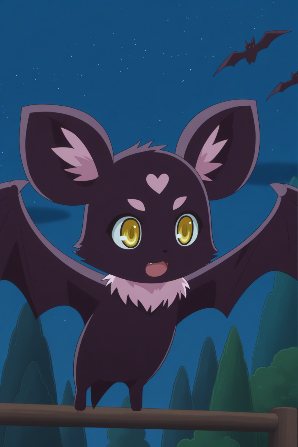fii, bat, anime coloring, front view <lora:Astarotte_no_Omocha_-_illustriousv0:0.8>