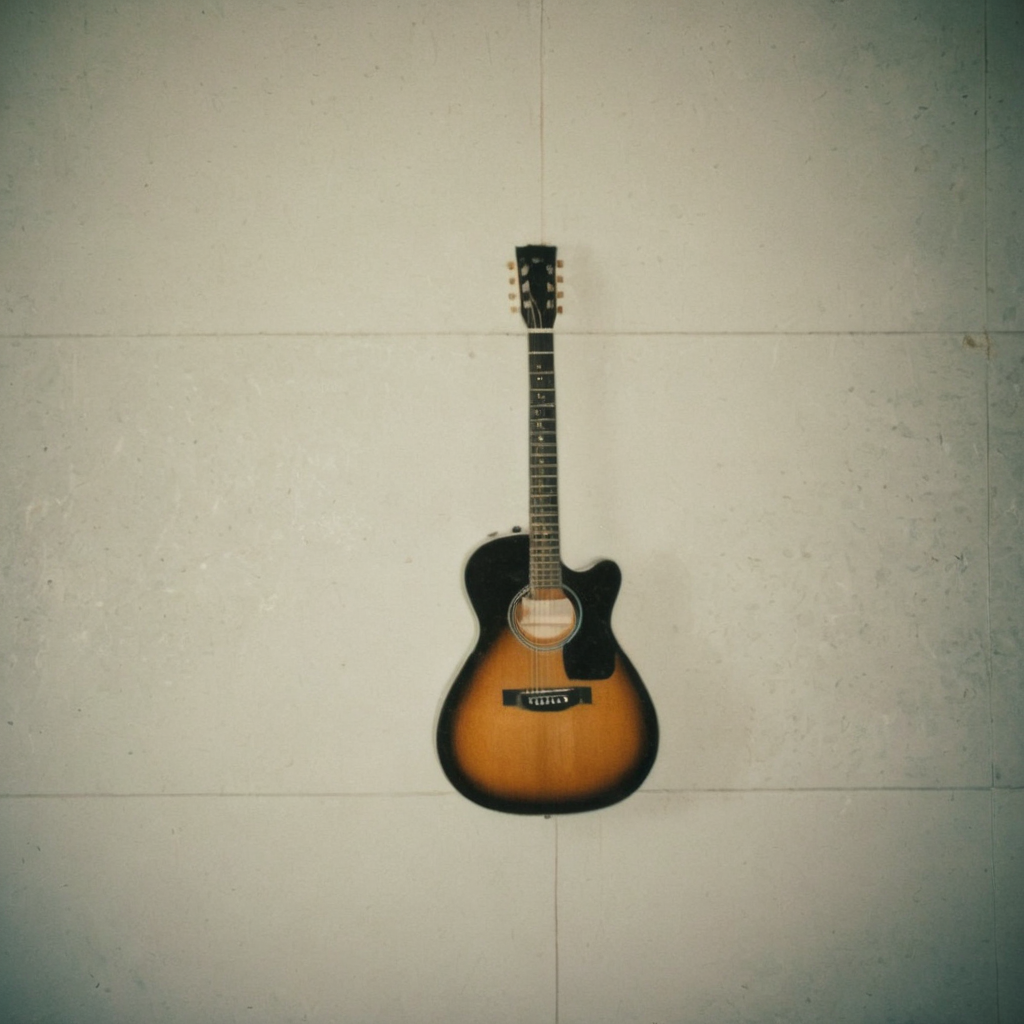 polaroid film photography, faded film, soft focus, acoustic guitar mounted on a wall
