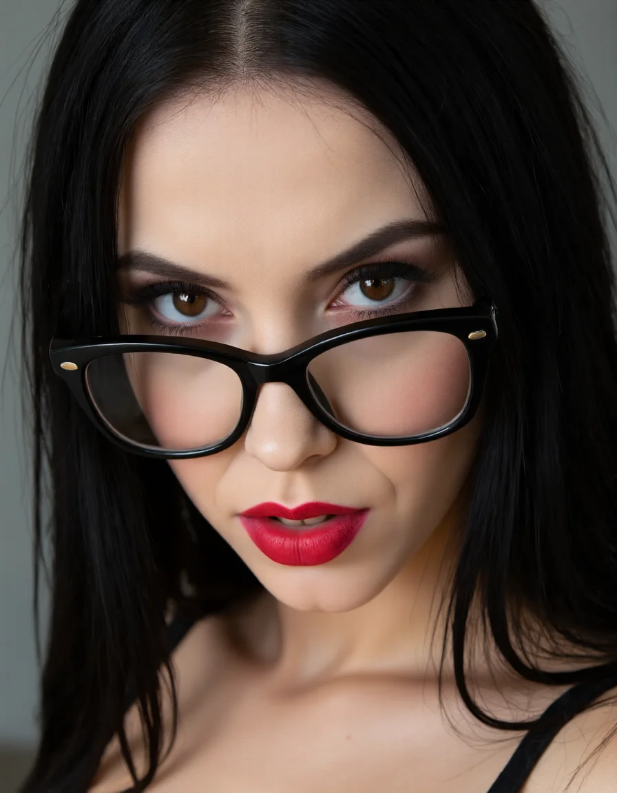 A striking portrait of a fierce woman with piercing eyes and bold, direct eye contact. She wears natural-looking brick-red lipstick and large, avant-garde glasses. The composition embodies a high-fashion editorial aesthetic, blending ethereal beauty with dramatic shadows and luxurious fashion details. The zoomed-out perspective places the subject in 30% of the frame, leaving ample negative space around her head for a modern, minimalist feel. The subtle 3D effect enhances the visual depth, creating a captivating and dynamic image.