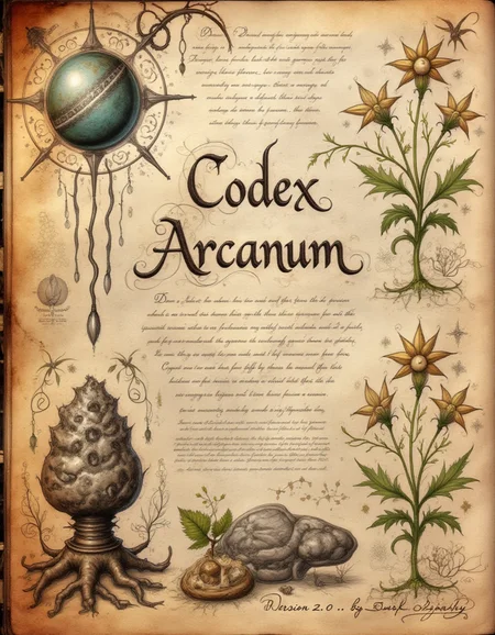 <lora:codex_arcanum_v20-360:1>, spllbkpg, A textured sheet unfolds, featuring a celestial orb in the upper left corner, glowing with silver light and surrounded by delicate swirling patterns. "Codex Arcanum" in a large, neat, handwritten script in a place of dominance in the center. Botanical sketches to the right illustrate star-shaped flowers with thin, trailing vines. Below, a rugged mineral formation stands, adorned with sparkling fragments and surrounded by coiled roots. "Version 2.0" and "by Dark Infinity" appear in smaller font at the bottom of the image.
