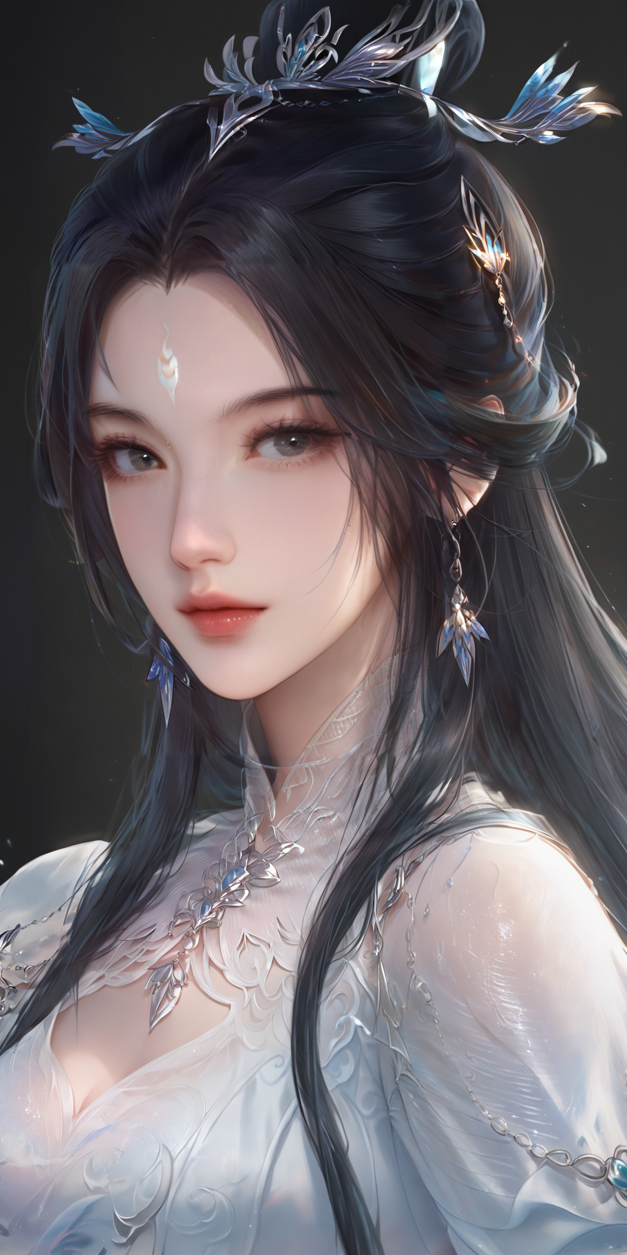 score_9,score_8_up,score_7_up,
<lora:luxueqi2486Pony:1>,luxueqi,appearance,1 female character,long black hair,decorative hair accessory,facial marking on forehead,single hair bun,jewelry (earrings included),neutral expression,closed lips,elegant dress,upper body view,minimalist background,plain white background,black background,