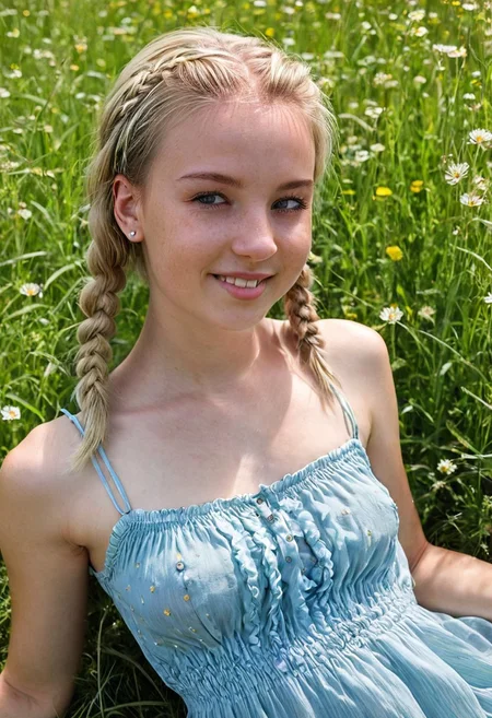 epiCRealism, profesional portrait in UHD of a ((blonde girl with intricate detailed braids)), ((ultra-dynamic angle)), reclined and basking in the radiant beauty of a blooming meadow , happy, smiling, half closed eyes, relaxed, wearing a translucent light blue sundress with very thin straps that slip down from her shoulders revealing the curve of her breasts, perspiration, blush, freckles, natural skin, puffies, a golden pendant matching small golden earrings, eyedetailpxl