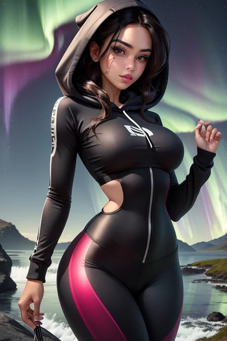 (masterpiece, best quality),1girl, Build a magnificent, ultra-detailed masterpiece, (  wearing  Slim-fit hoodie high-waisted leggings ), Temptress, Tall, in shape, Oval Face, Dark Skin, Dark Brown Hair, grey Eyes, Narrow Nose, Pouty Lips, Prominent Chin, Long Hair, Wavy Hair, Wavy Bob, soft breasts, , berry stain lipstick, Photography Manipulation, distinctive, Northern Lights