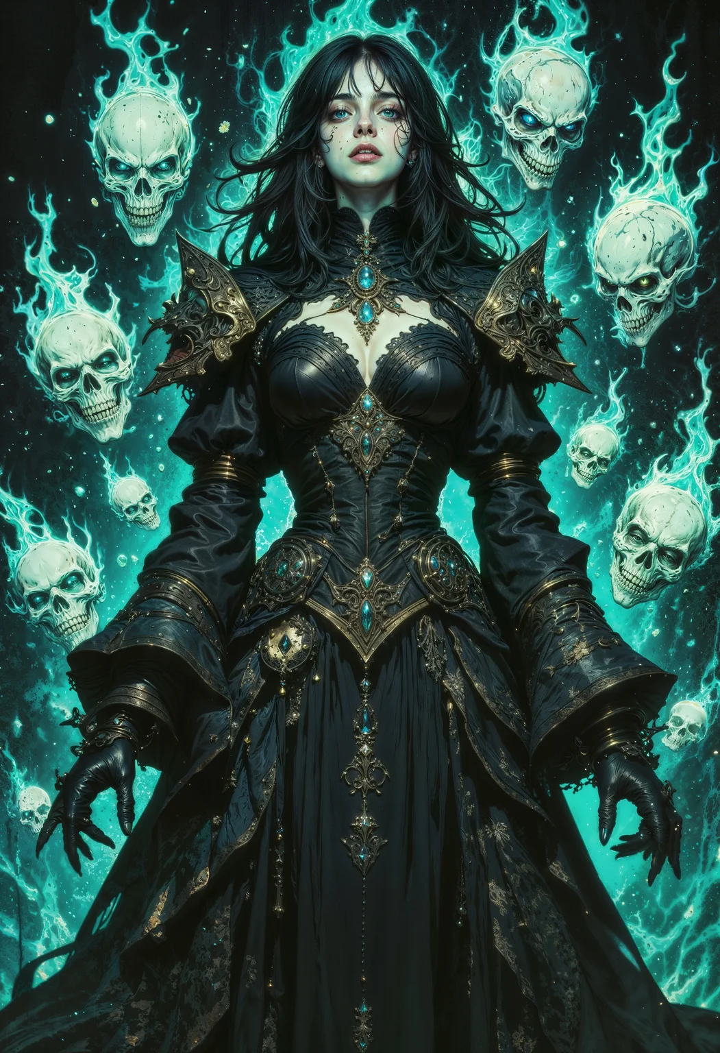 a mystical female figure at the center. She has a pale complexion and striking facial features, with long, flowing dark hair that blends into ethereal, turquoise flames surrounding her. Her attire is an elaborate, dark, gothic-style gown adorned with intricate patterns and metallic elements. The background is dark, enhancing the luminous effect of the turquoise flames. Surrounding her are several floating, glowing skulls, each enveloped in the same turquoise flame, adding to the mystical and otherworldly atmosphere. The overall composition is dynamic, with swirling flames and a sense of movement, creating a dramatic and enchanting visual effect. <lora:FluxMythG0thicL1nes:0.6> <lora:FluxMythR3alisticF:0.5> <lora:RetroAnimeFluxV1:0.6> <lora:OB半写实肖像画V2.0:0.6>