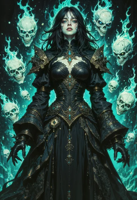 a mystical female figure at the center. She has a pale complexion and striking facial features, with long, flowing dark hair that blends into ethereal, turquoise flames surrounding her. Her attire is an elaborate, dark, gothic-style gown adorned with intricate patterns and metallic elements. The background is dark, enhancing the luminous effect of the turquoise flames. Surrounding her are several floating, glowing skulls, each enveloped in the same turquoise flame, adding to the mystical and otherworldly atmosphere. The overall composition is dynamic, with swirling flames and a sense of movement, creating a dramatic and enchanting visual effect. <lora:FluxMythG0thicL1nes:0.6> <lora:FluxMythR3alisticF:0.5> <lora:RetroAnimeFluxV1:0.6> <lora:OB半写实肖像画V2.0:0.6>