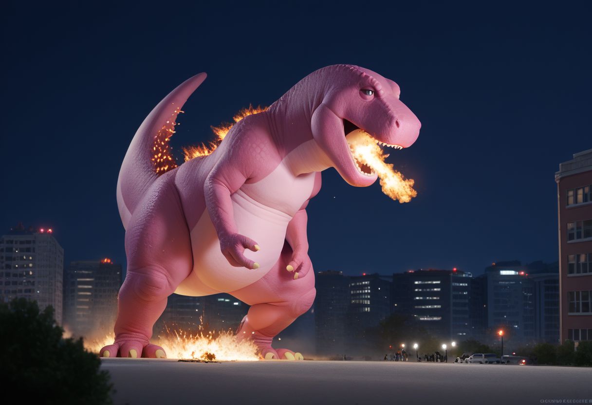 score_9, score_8, score_7
Barney the Dinosaur, godzilla, pink dinosaur, destroying a city, fire, smoke, explosions, cinematic, night, moonlight