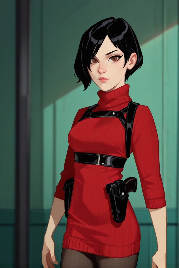 2d art, masterpiece, best quality, vibrant colors, color contrast, detailed, eyelashes, anime coloring,
g4lmesh_rosew00d_il, ada wong, 1girl, looking at viewer, brown eyes, black hair, short hair, bobcut, hair over one eye, large breasts, lips, cowboy shot, red sweater, sweater dress, black pantyhose, chest harness, holster, 
<lora:Galmesh_Rosewood-10:1>