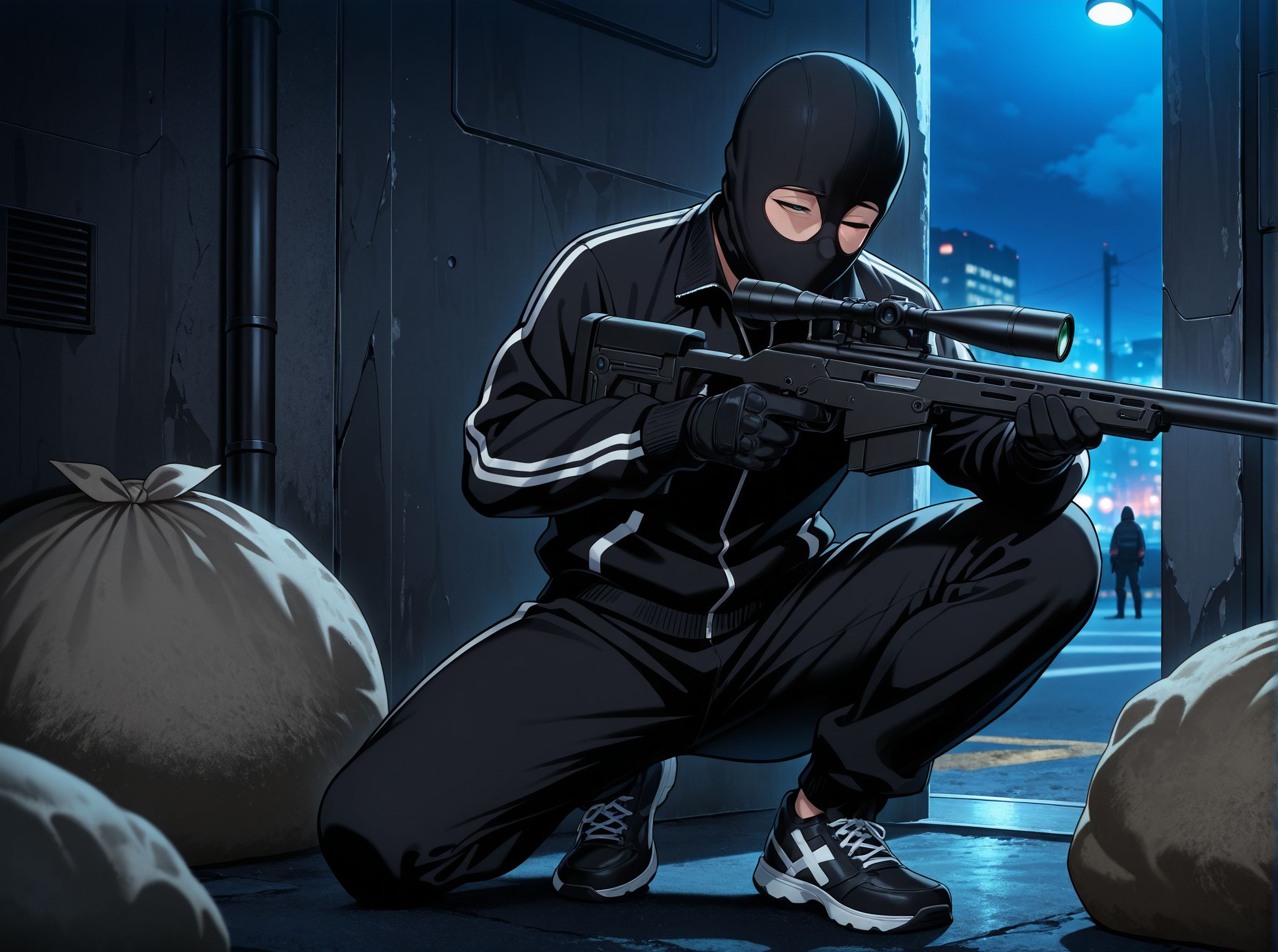 masterpiece,best quality,amazing quality,very aesthetic,absurdres,newest, huge filesize,
<lora:spo_sdxl_10ep_4k-data_lora_webui:0.5>,
 holding gun, sniper rifle, science fiction,from side,  solo focus, solo, one eye closed, half-closed eyes,  sandbag,
night,Shooting in a crouched position,one kneeking,
Aiming from behind a sandbag cover,
<lora:the_fable__satou_akira__satou_youko__misaki__ebina_._kojima:0.8>,
1boy, 1man, black  Track jacket, black sneaker,neck,full black clothes,
f_akira, black Balaclava, pro killer,