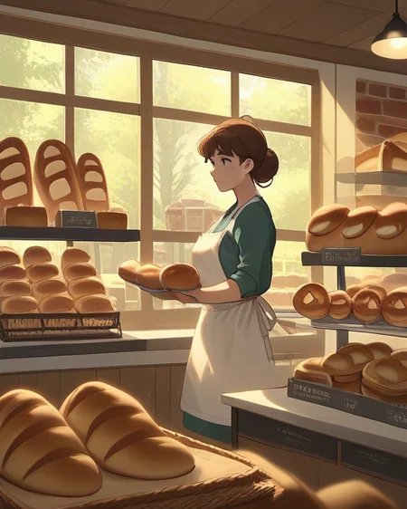 score_9, score_8_up, score_7_up, score_6_up, score_5_up, score_4_up, zPDXL2,source_anime,rating_questionable, 1girl, white apron, baker, <lora:Bakery:0.8> bak3ry, indoors, shop, bread