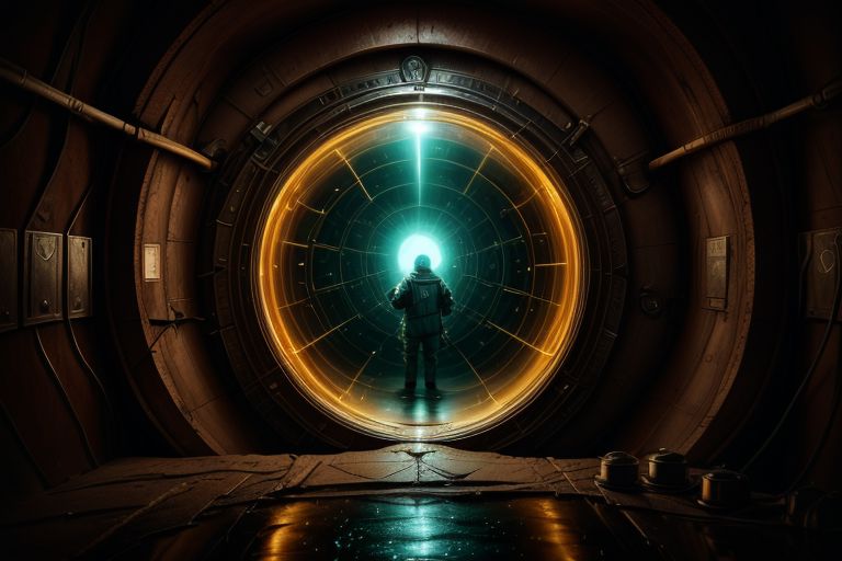 a portal back into 1903, the portal is built in Lawrence Livermore Labs, in a special chamber room monitored by a team of watching scientists.  A man in a hazmat suit approaches the surface of the time portal, where he can see the streets of New York circa 1903, amazing, captivating and amazing moment, 
highly detailed,