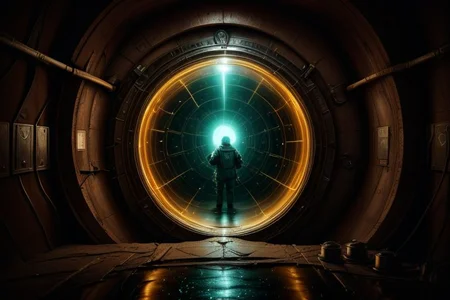 a portal back into 1903, the portal is built in Lawrence Livermore Labs, in a special chamber room monitored by a team of watching scientists. A man in a hazmat suit approaches the surface of the time portal, where he can see the streets of New York circa 1903, amazing, captivating and amazing moment,
highly detailed,
