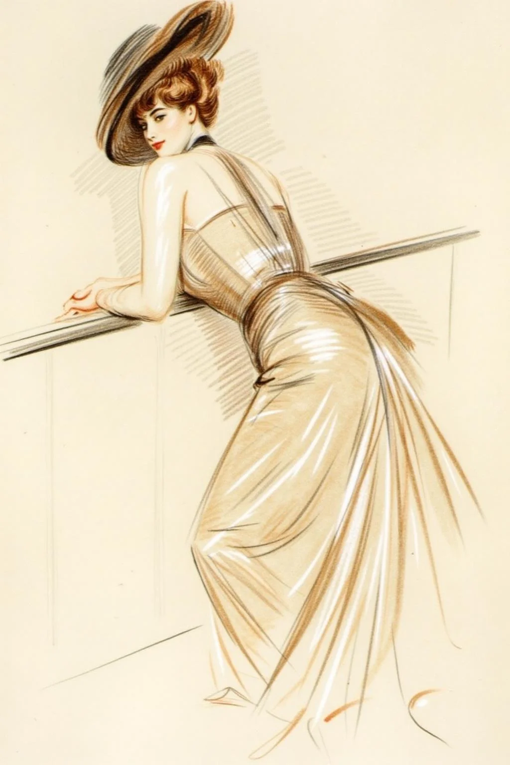 paulcesarhelleu1 illustration.
Sketch of a woman, her back to the viewer, with a voluptuous figure, wearing a flowing, sleeveless gown in shades of beige and brown. She is leaning against a rail. She has curly auburn hair, and a wide-brimmed hat perched on her head.
<lora:paulcesarhelleu1_cap_d6a3e11:1.0><lora:844386615011878475:0>