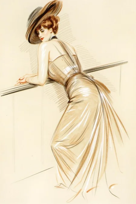paulcesarhelleu1 illustration.
Sketch of a woman, her back to the viewer, with a voluptuous figure, wearing a flowing, sleeveless gown in shades of beige and brown. She is leaning against a rail. She has curly auburn hair, and a wide-brimmed hat perched on her head.
<lora:paulcesarhelleu1_cap_d6a3e11:1.0><lora:844386615011878475:0>