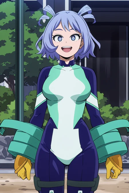 anime screencap, anime coloring, detailed face, masterpiece, best quality, very aesthetic, absurdres, volumetric lighting, official style, amazing quality, ultra detailed,  highres, amazing quality, scenery, beautiful detailed hair, beautiful detailed eyes, defined fingers,
 <lora:Nejire_Hado_My_Hero_Academia:1>
Nejire Chan (season 7 appearance), Nejire Hado (character), hadou nejire, 1girl, solo, blue eyes, blue hair, breasts, yellow gloves, outdoors, short hair, bodysuit, hair horns, blue bodysuit, multicolored bodysuit, multicolored clothes, green bodysuit, looking at the viewer, :D