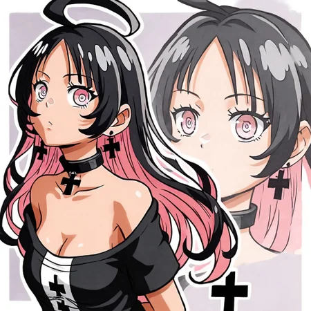 Akari Jogasaki, female, woman, girl, light pink eyes, multicolored hair, two-tone hair, two tone hair, black and pink hair, long hair, black cross earrings, black choker, black collar, perfect anatomy, detailed face, perfect face, detailed eyes, gorgeous, perfection, perfect, insanely detailed, HD, perfect eyes, perfect hands, perfect anatomy, best quality, masterpiece, beautiful, EyesHD, detailed, relaxed, hads behind back, arms behind back