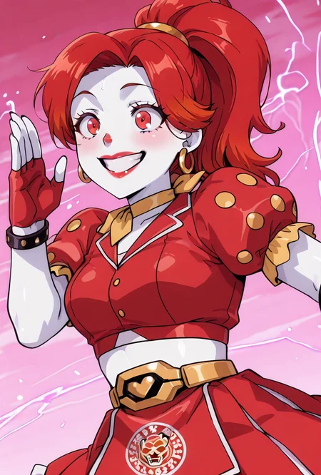 <lora:ilglambab-10:1> glambab, white skin, 1girl, red hair, ponytail, wide smile, earrings, short puffy sleeves, red fingerless gloves, red dress, red lips, midriff, red nose, ((dynamic pose)), red skirt, <lora:ATRex_style-12:1> TRexStudio, , , anime screencap, anime coloring, score_9, score_8_up, score_7_up, masterpiece, best quality, masterpiece, best quality, amazing quality, very aesthetic, absurdres, newest,