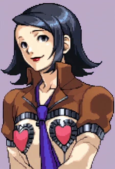 score_9, score_8_up, score_7_up, source_anime, BREAK, solo, 1girl, looking at viewer, smile, <lora:Ace-Attorney-Portraits-pdxl_Fp:1>, portrait, pixel art, simple background, upper body, <lora:zs_MayaXL:1>, mayap2, medium hair, black hair, purple eyes, lipstick, jacket, hearts, blue necktie, skirt, closed mouth,