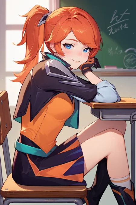 score_9, score_8_up, score_7_up, score_6_up, source_anime, 1girl, solo, <lora:lux-pdxl-nvwls-v1-000005:1> balux, orange hair, blue eyes, ponytail, swept bangs, orange shirt, cropped jacket, black jacket, short sleeves, multicolored skirt, socks, black boots, black gloves, sitting, chair, desk, classroom, head rest, from side, smile, looking at you, blush