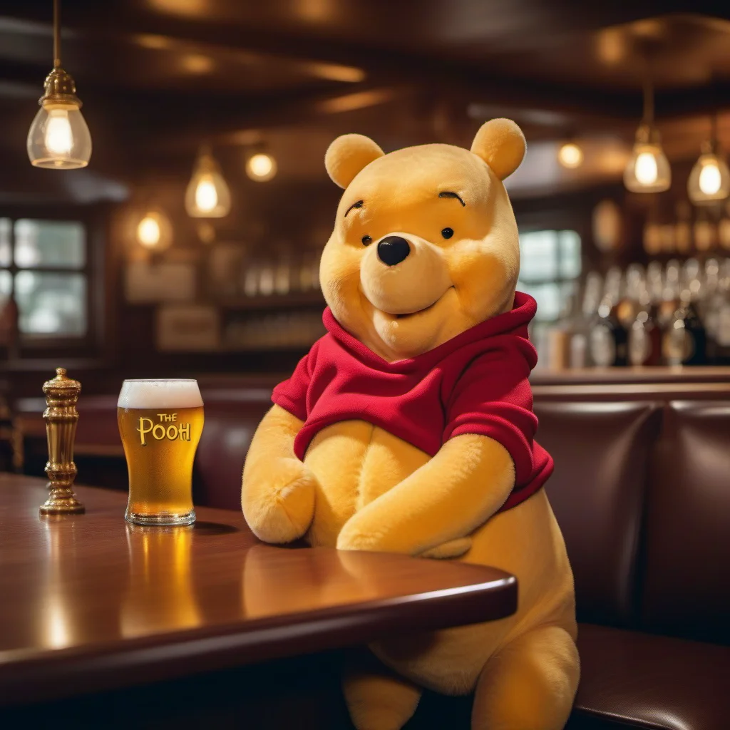 winnie the pooh having a beer in a pub, honey<lora:Winnie1024:0.8>