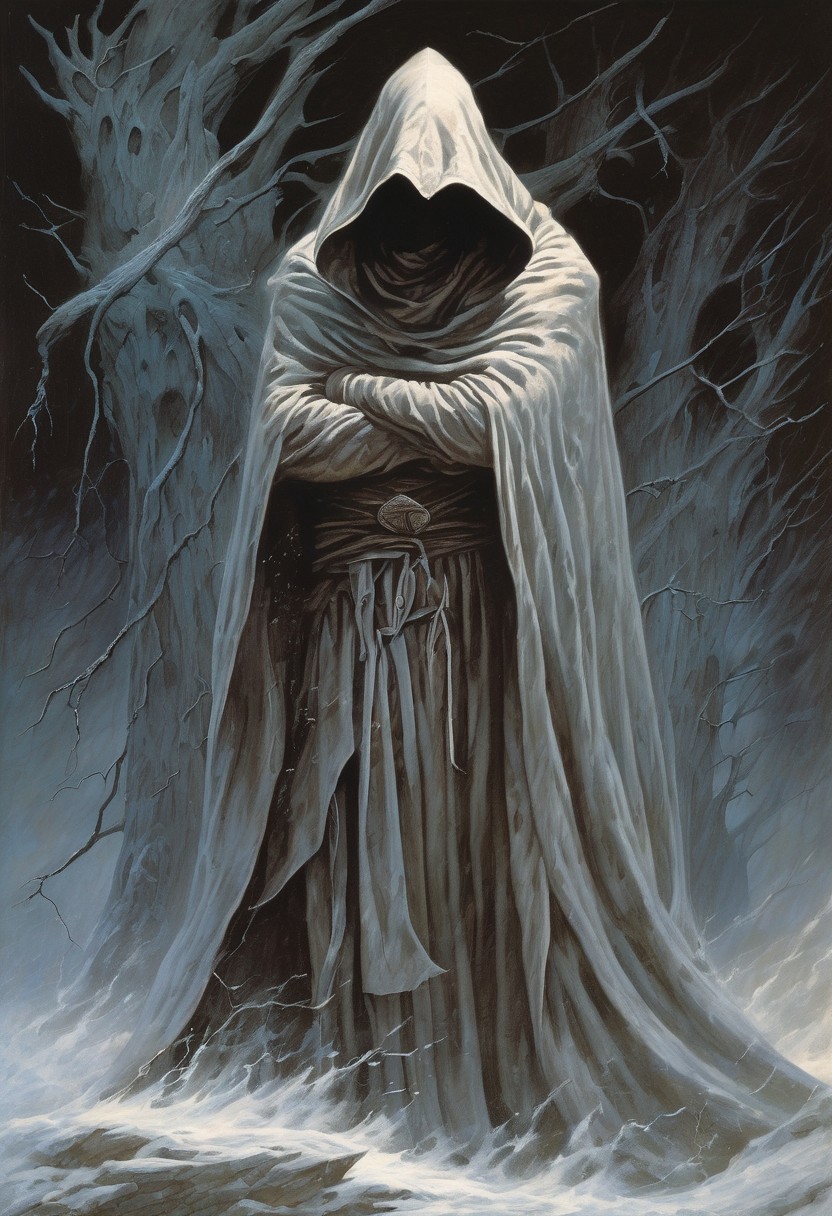 hidden face, mysterious, hooded, full body, dark enigmatic warrior, standing, storm of falling shards, tattered cloak that billows in the wind, art by Wayne Barlowe