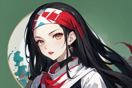 highly insanely detailed, masterpiece, top quality, best quality, highres, 4k, 8k, RAW photo, (very aesthetic, beautiful and aesthetic),  
beth_\(megami_tensei\),bethsmtii,shin megami tensei ii,long hair,black hair,straight hair,sleek black,jewelry,cross,headband,red_lipstick,bandana_with_messian_symbol,Religious_bandana,symbol_headband,messian_church_bandana, 
<lora:zs_Beth:0.6>, 
(1girl:1.3), 1other, 
red and green background,âââ