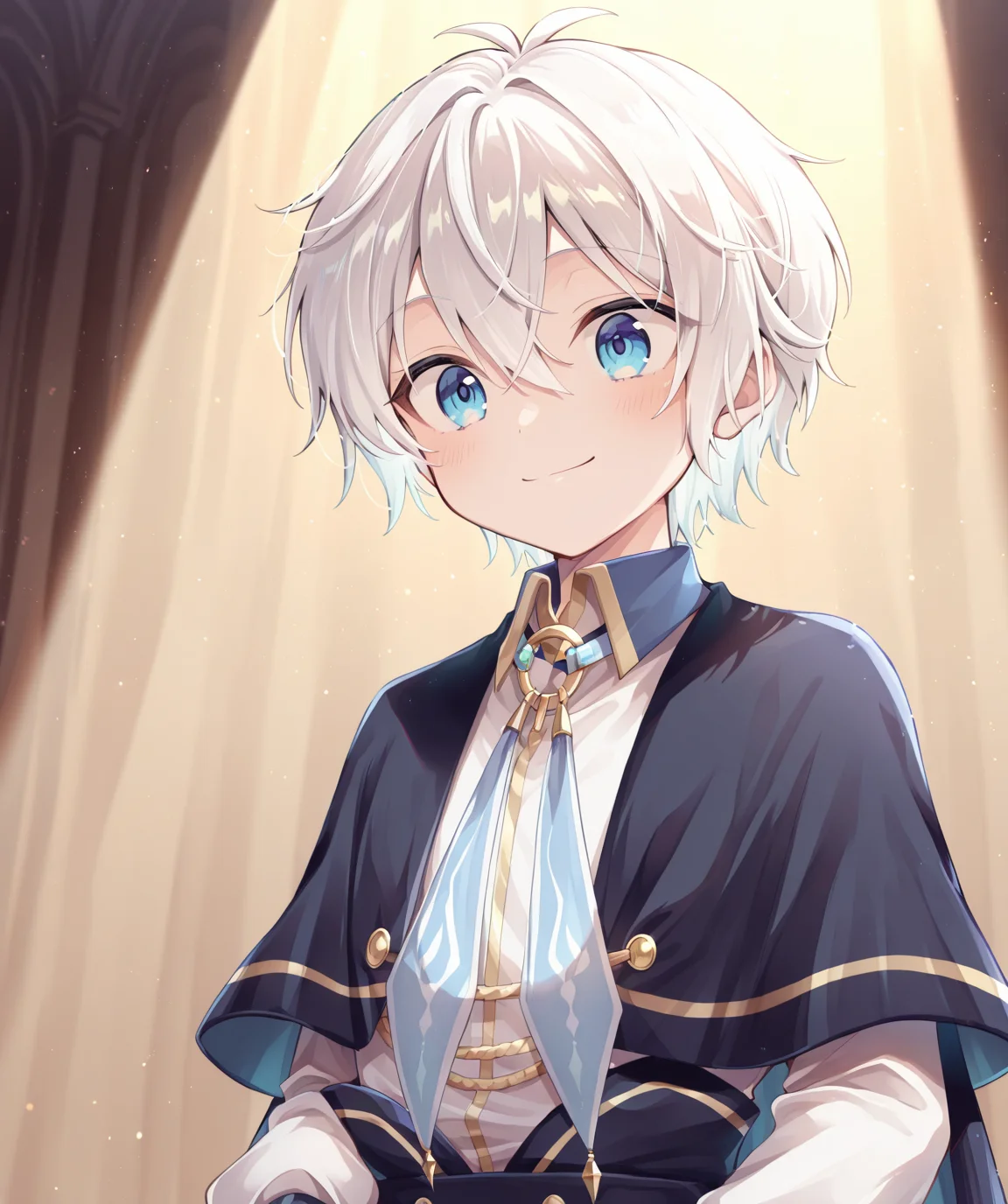 intricately detailed illustration, shiny skin, masterpiece, best quality, amazing quality, very aesthetic, newest, scenery, (volumetric lighting:1.1), full color, clear line, <lora:van_v1:0.8>, 1boy, van, blue eyes, white hair, short hair, black jacket, white shirt, tie, aiguillette, shorts, upper body, smile, simple background, <lora:cfg_scale_boost:0.7>