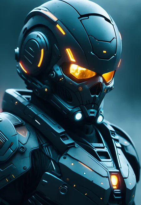 movie screenshot of the high tech futuristic martian invader skull mask, heavy armor suit, science fiction, dark, foggy, ultra detailed, hd, 8k
