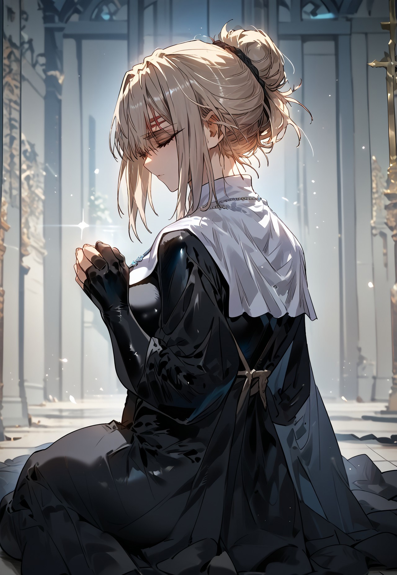 zPDXL3, score_9_up, score_8_up, score_7_up, (Anime_source), 1girl, Rachel, scar on head, brown eyes, light blonde hair, long hair, Black bodysuit, nun, hair bun, looking back, cowboy shot, praying, kneeling, church indoor, (closed eyes)