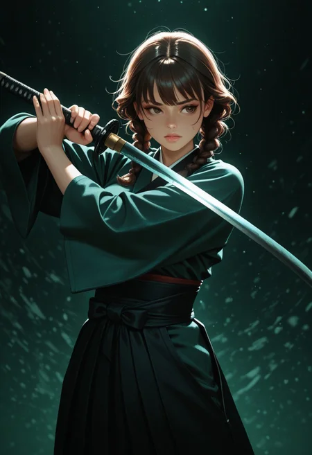 lazypos, 1girl, solo, medium breasts, (samurai:1.2), dark green kimono, curly hair, shoulder-length hair, brown hair, twin braids, twin braids at the front, detailed eyes, grayish brown eyes, black Hakama, backlighting, cowboy shot, holding katana, weapon focus, reflection on blade, night, dynamic pose, intense, abstract background, act, cyberpunk, neon <lora:TrendCraft_The_Peoples_Style_Detailer-v2.1A-3_12_2025-JANKU:0.2>