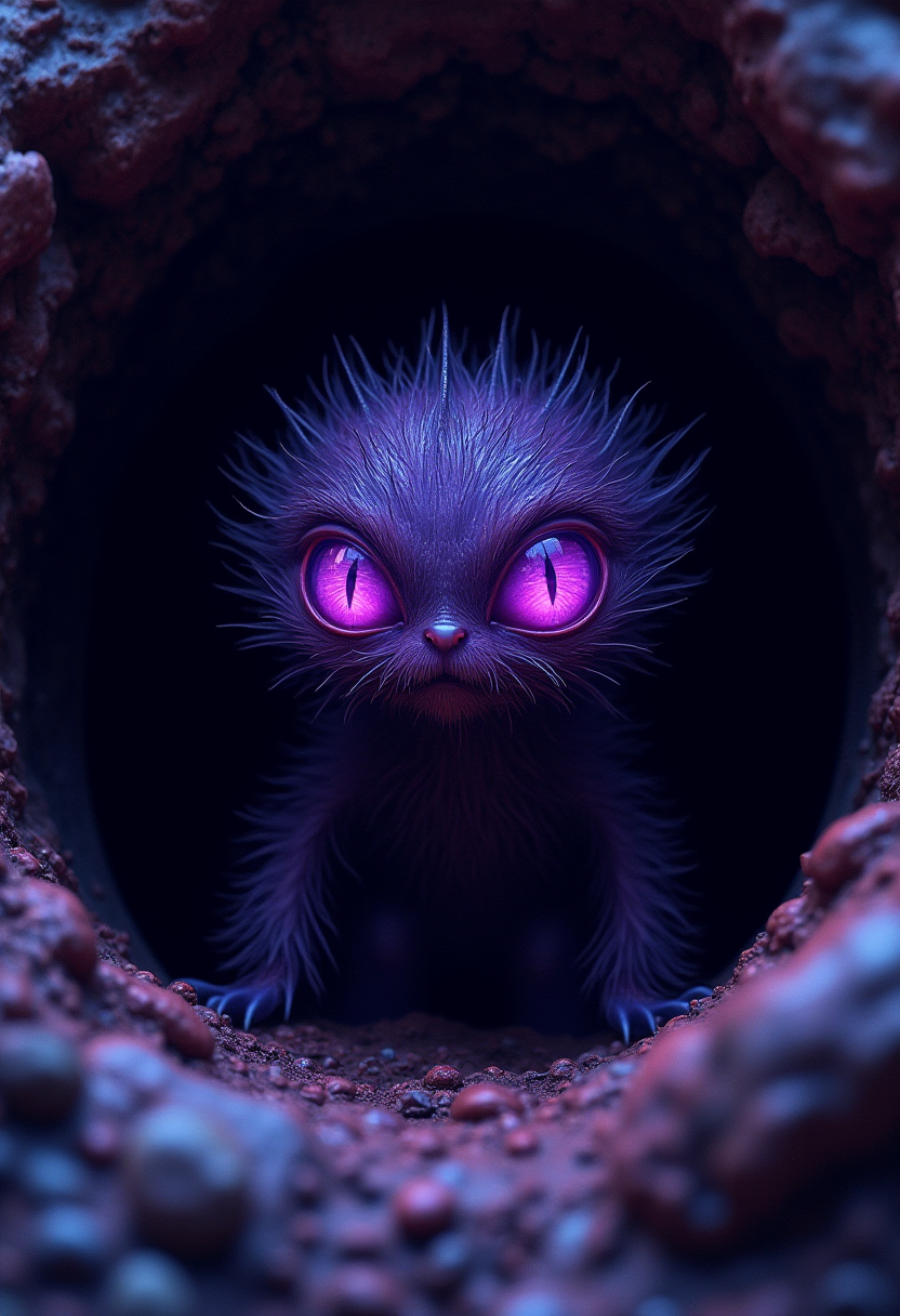 photography of a hairy alien creature emerging from a dark hole. its eyes glow like a purple galaxy., complementary colors, low angle, dramatic lighting