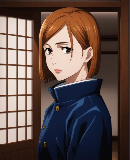 Nobara, 1girl,solo,short hair,bangs,brown hair,brown eyes,closed mouth,school uniform,jacket,upper body,indoors,orange hair,lips,expressionless,blue jacket,portrait,high collar,sliding doors,shouji,kugisaki nobara <lora:Spike:0.7>