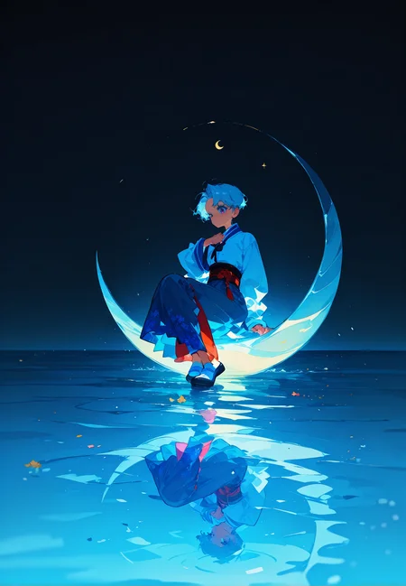 1girl,   blue hair,  very short hair, wavy hair,  parted bangs,  pink eye,   skinny,  
BREAK (perspective),  1girl, hand on own chest,         
BREAK                   hanbok, korean clothes, clothed_underbust, floral print,  Sitting on the glowing crescent moon, the tranquil lake, reflections,   negative space,    
BREAK general, masterpiece, best quality, absurdres, highres, newest, <lora:Alcedinidae_v1.2:0.8>