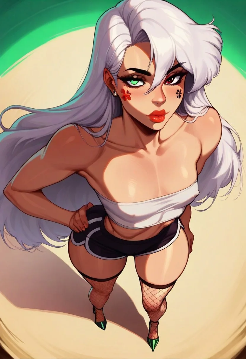 score_9, score_8_up, score_7_up, score_6_up, afroincasevixexpressh, 1girl, solo, (heterochromia), ((green right eyes)), ((red left eyes)),
very long hair, white hair, straight hair, hair between the eyes, lippiercing,
lipring,lips, lip piercing, lip ring, fishnet stocking, tube top, nipple peek,
collarbone, (wide hips), (from above), close up, (high heels, stiletto high heels),
(big ass), (big hips), narrow waist, small breast, hand on hips, dolphin shorts,
seductive, kiss mark,